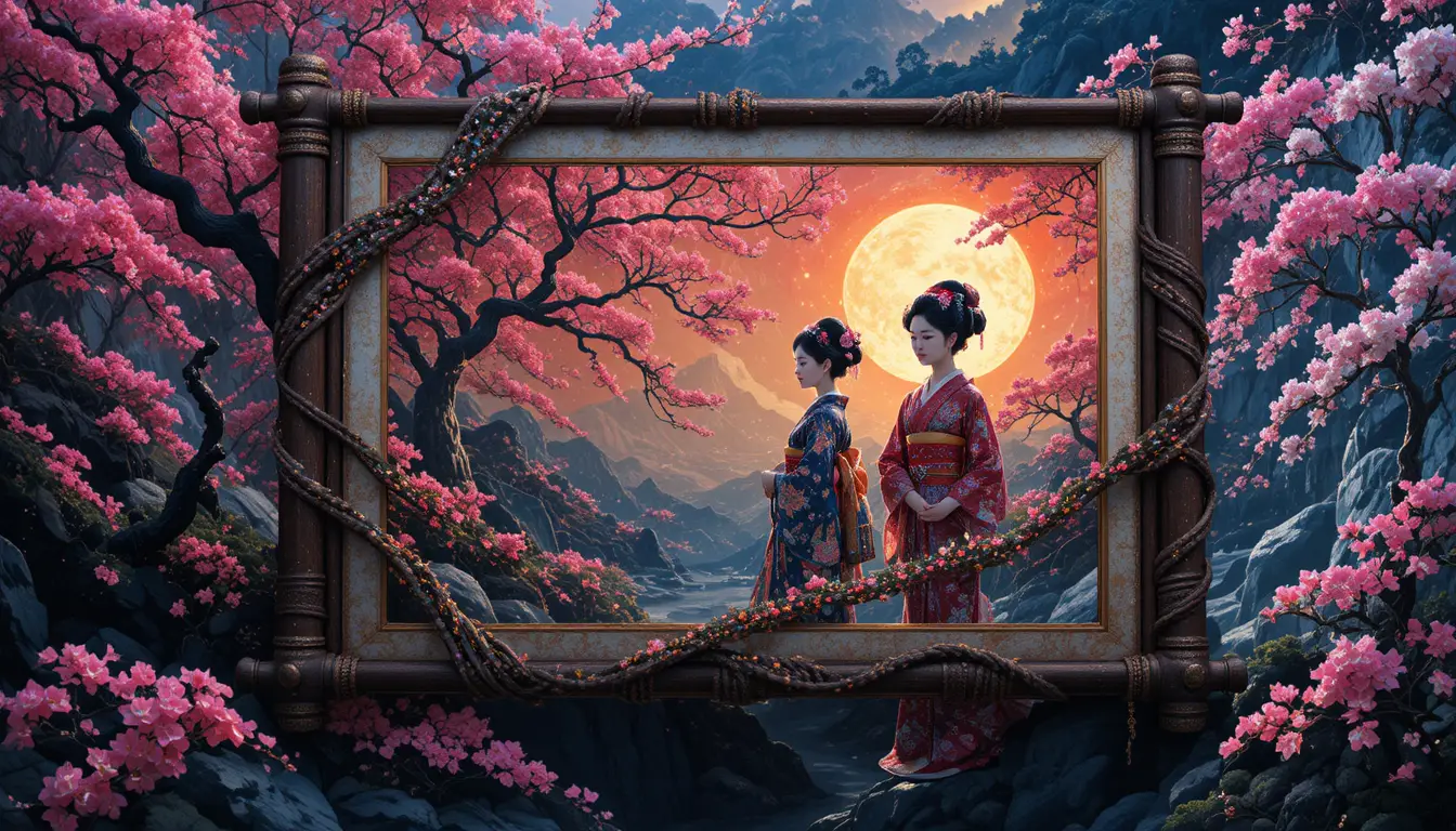 Pergamino surreal con trenzas sobre escena ukiyo-e de geishas en neón