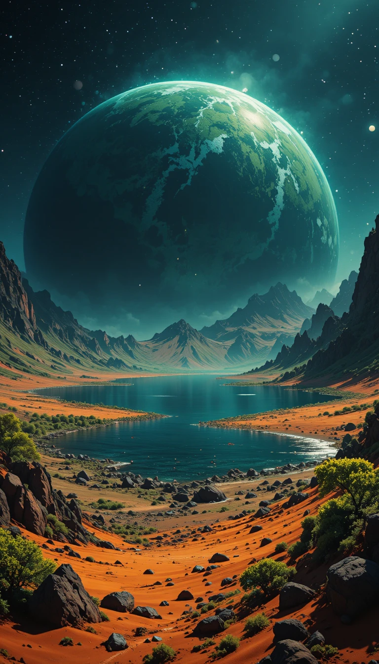 Alien-Planet mit orangefarbenem Boden und leuchtend grüner Seenlandschaft