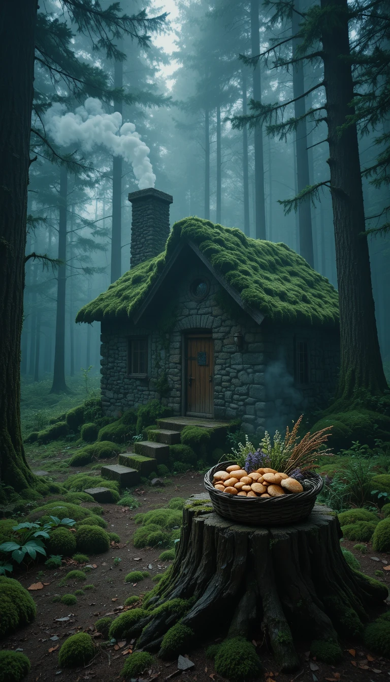 Moss covered stone cottage hidden in a misty pine forest