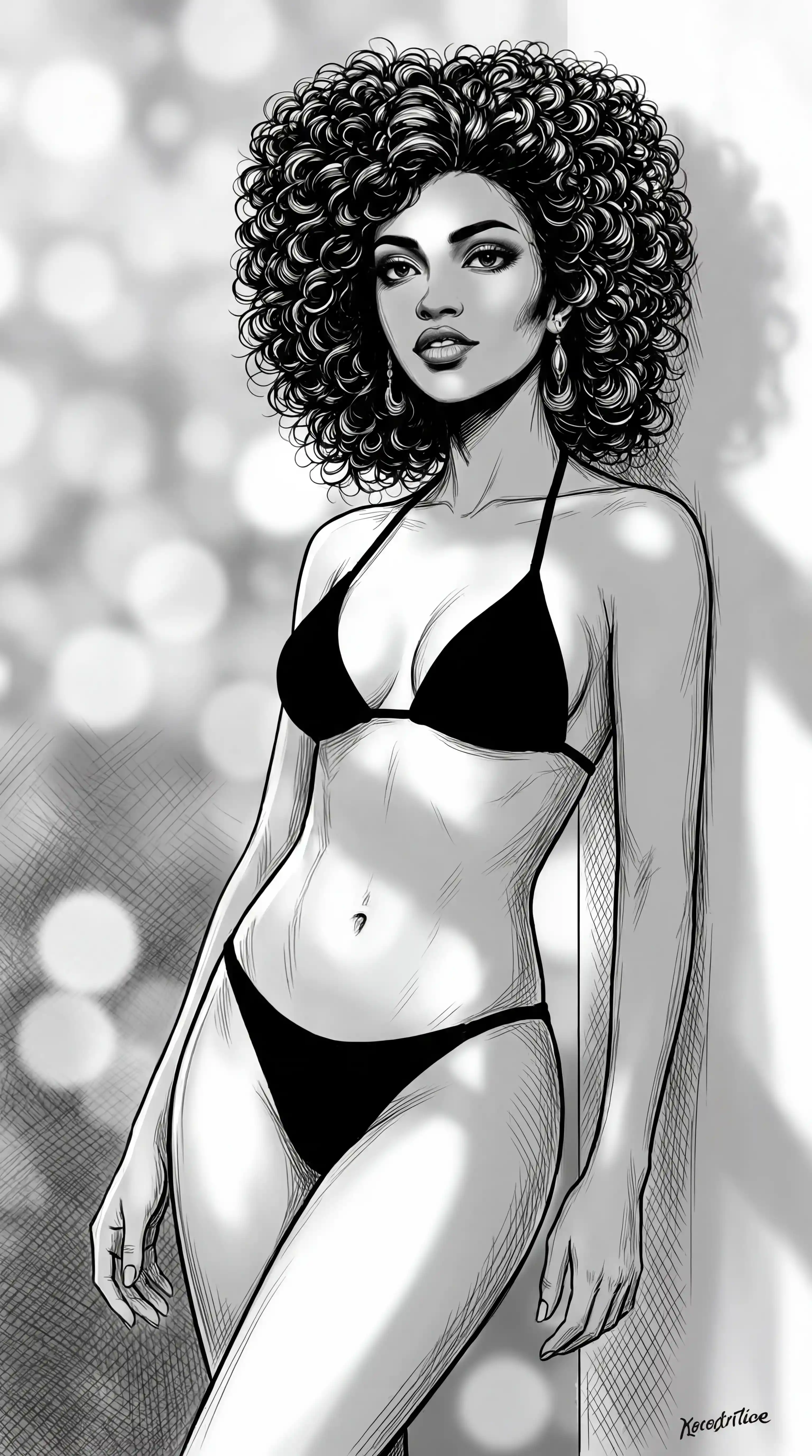 Supermodel in black bikini posing indoors with soft bokeh background