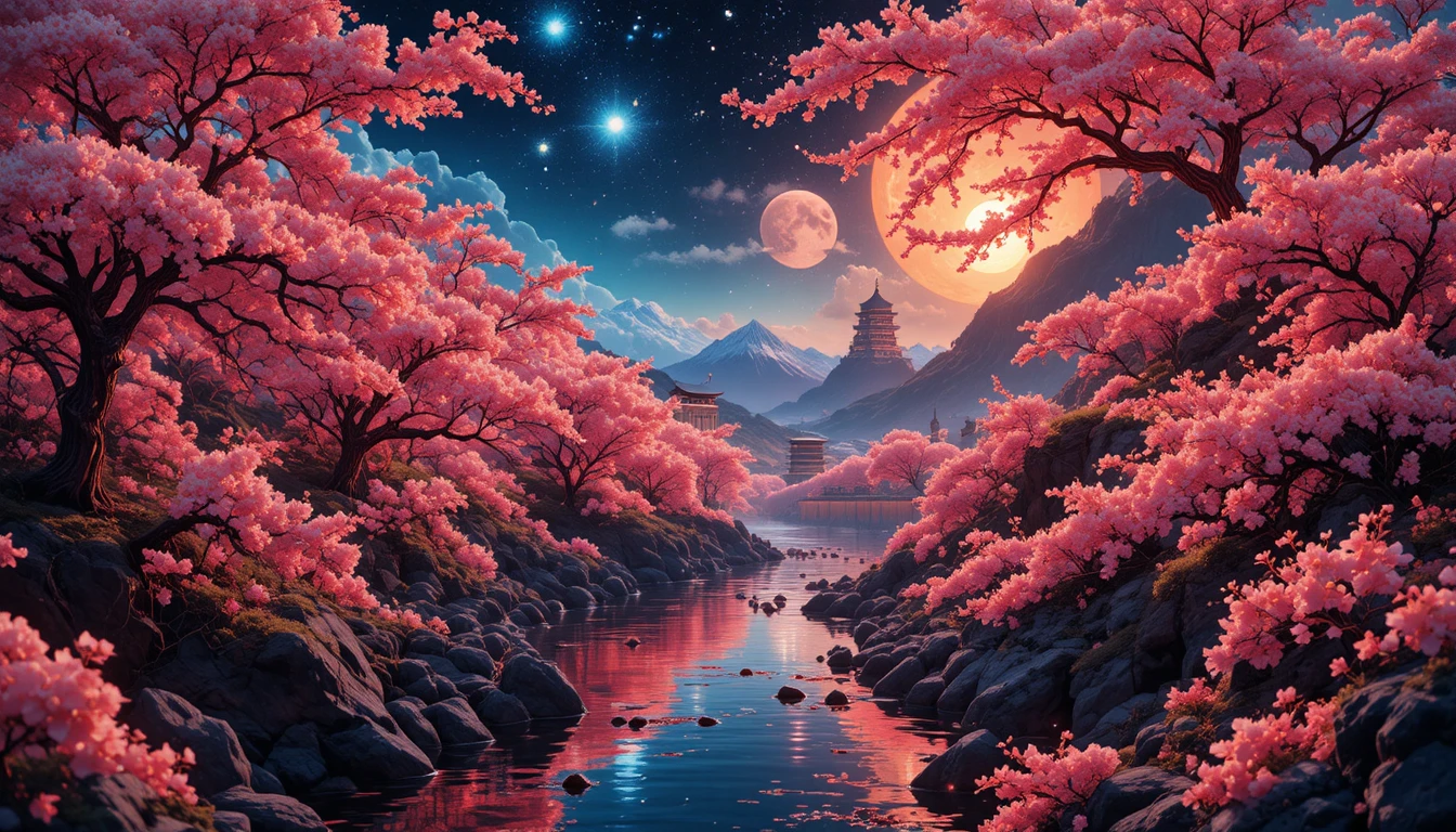Surreal neon cherry blossoms in a layered dreamscape