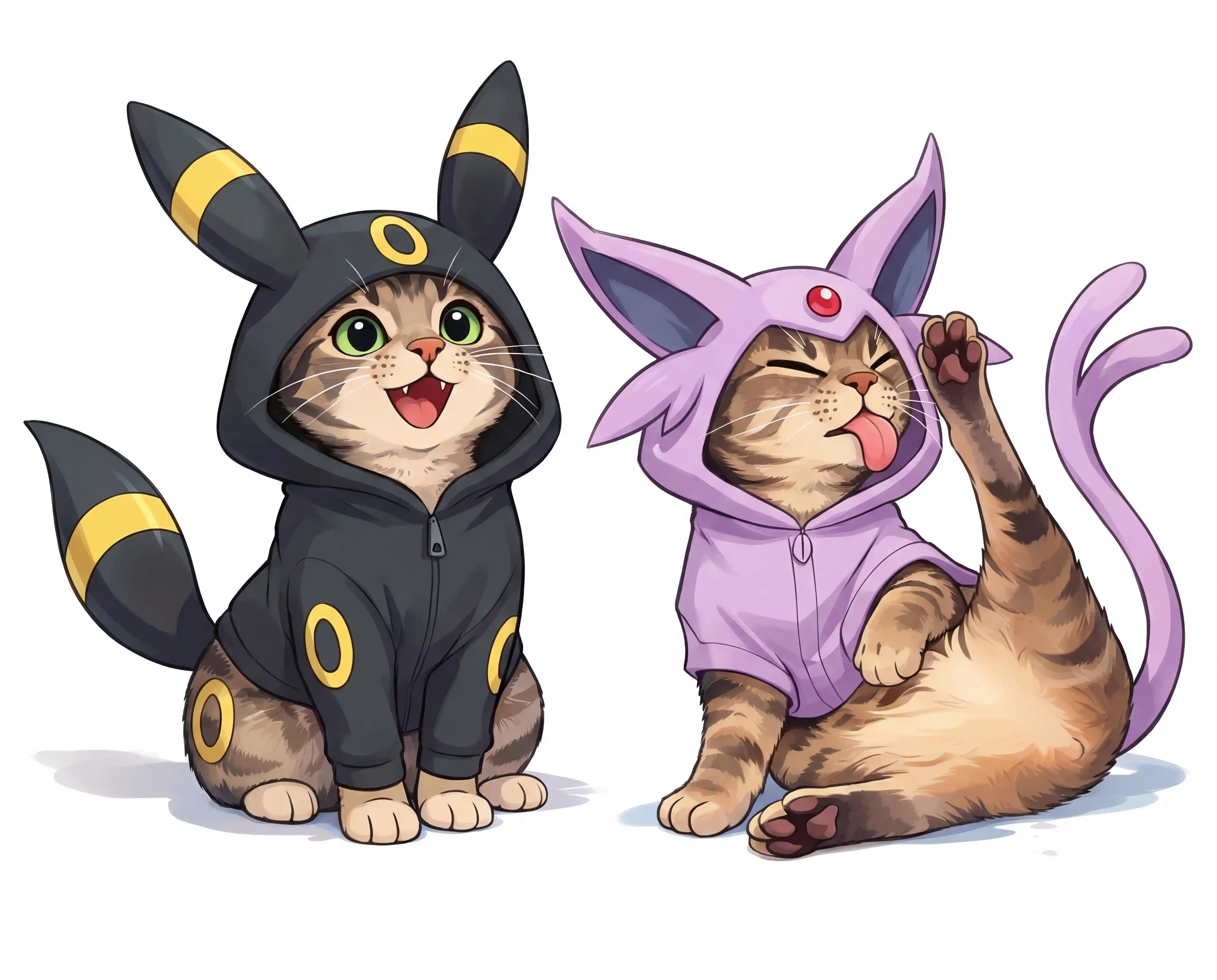 Gatti in stile manga con costumi ispirati a Umbreon ed Espeon