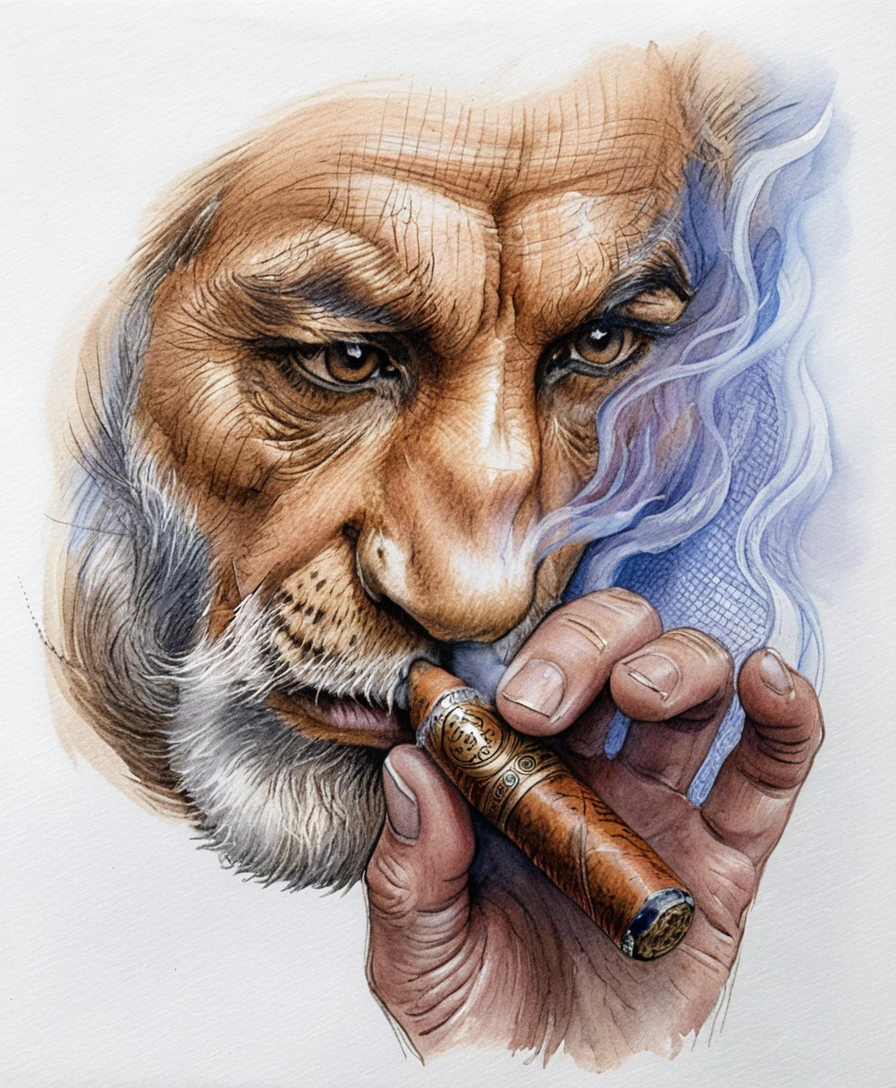 Uomo maturo introspettivo che fuma un sigaro in un disegno in primo piano