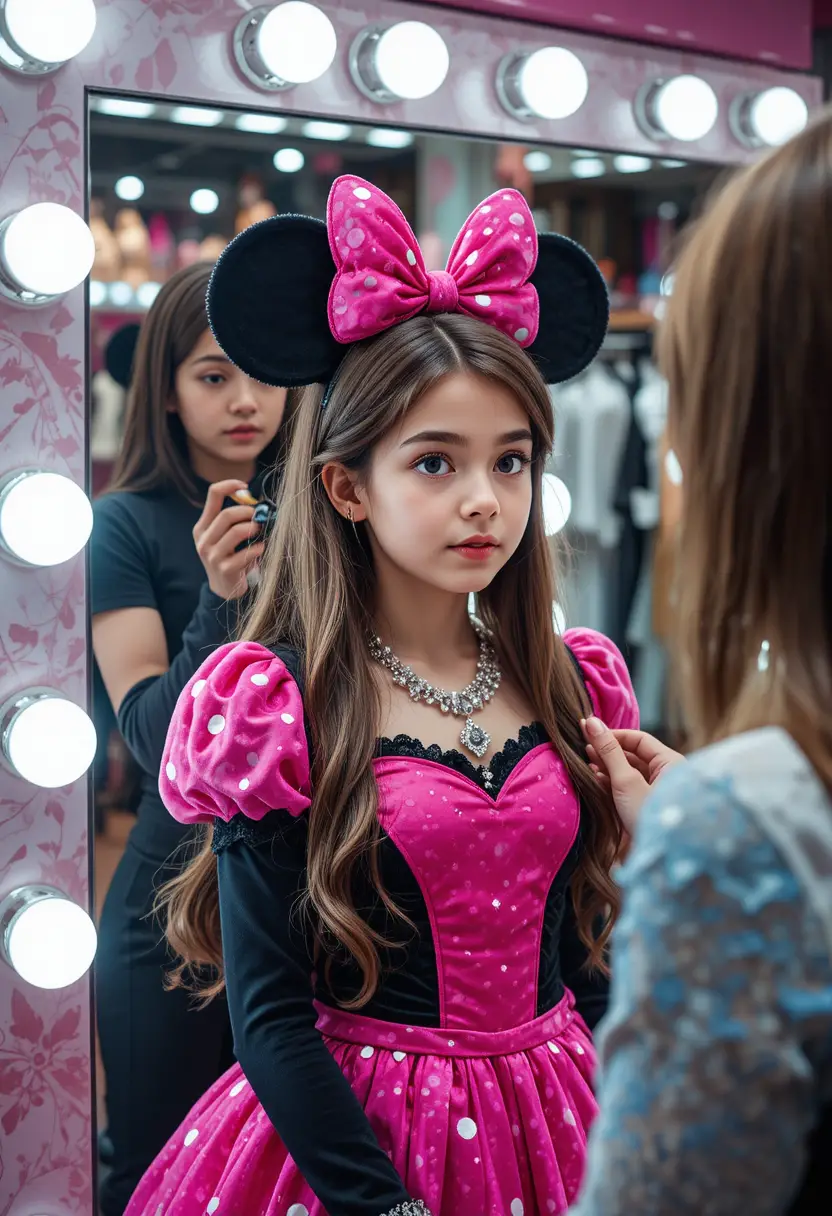 Menino com vestido da Minnie Mouse fazendo maquiagem em boutique