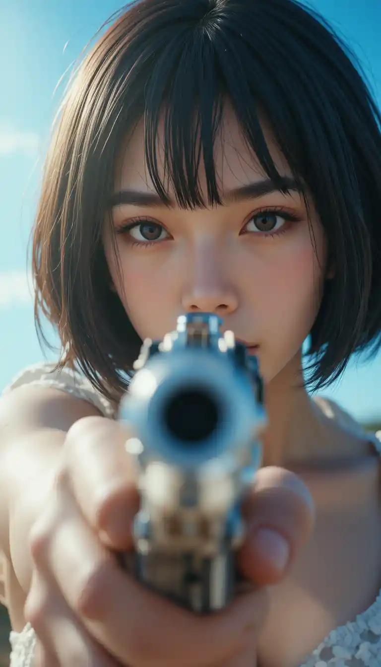Japanese woman aiming a revolver under clear blue sky