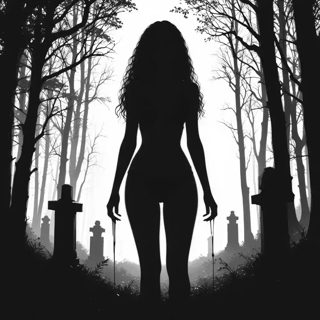 Donna insanguinata in lingerie nera vicino a un cimitero nel bosco