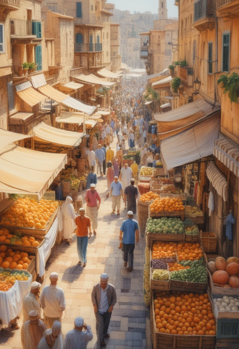Bustling Mediterranean street market with warm city architecture