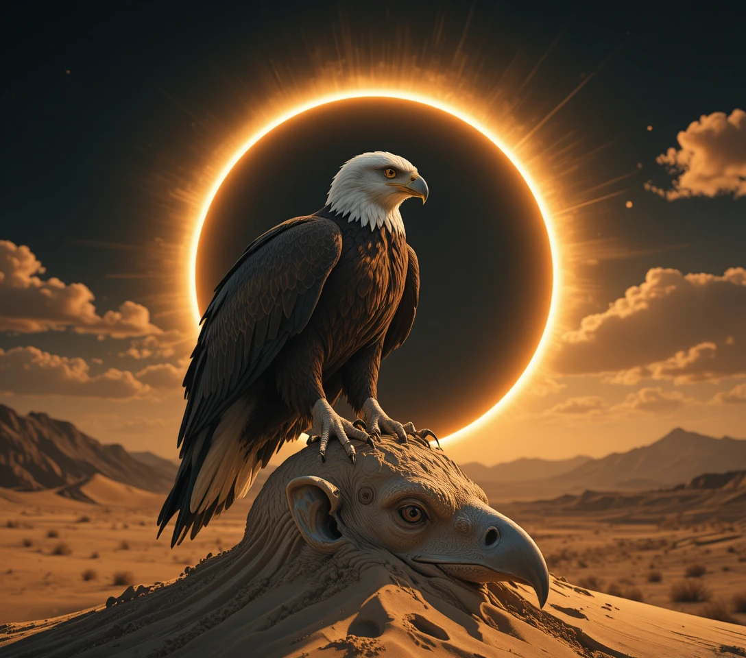 Eclissi solare totale con corona radiante sopra nuvole drammatiche