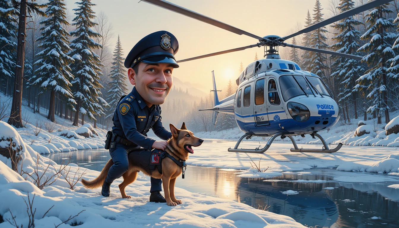 Helicóptero policial y perro sobre río congelado en invierno