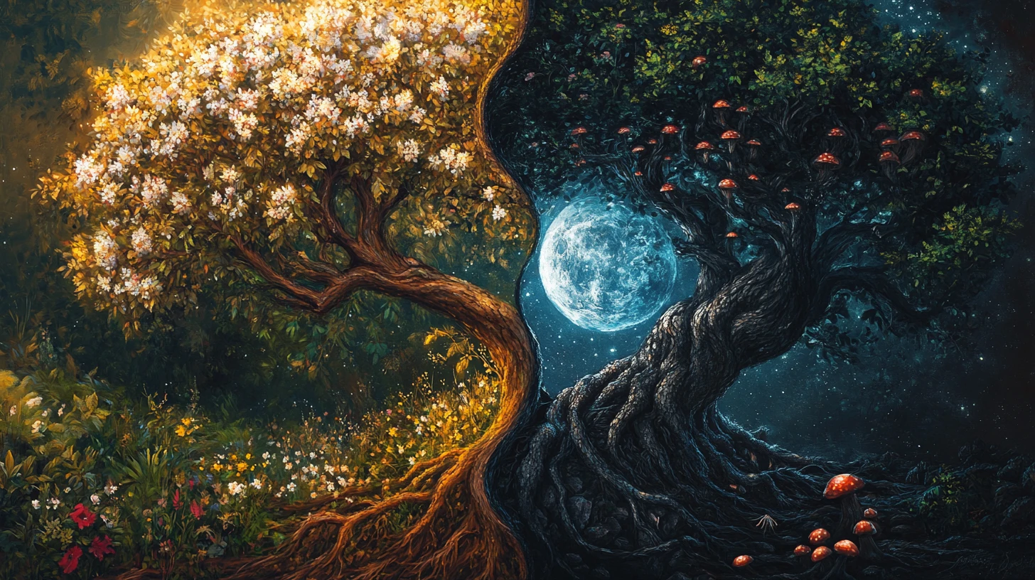 Alberi yin e yang di vita e decadenza in un equilibrio luminoso