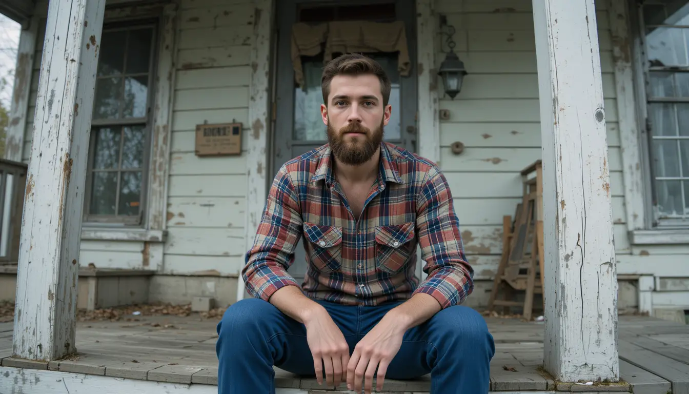 Skinny young man sitting on a porch of a rundown house