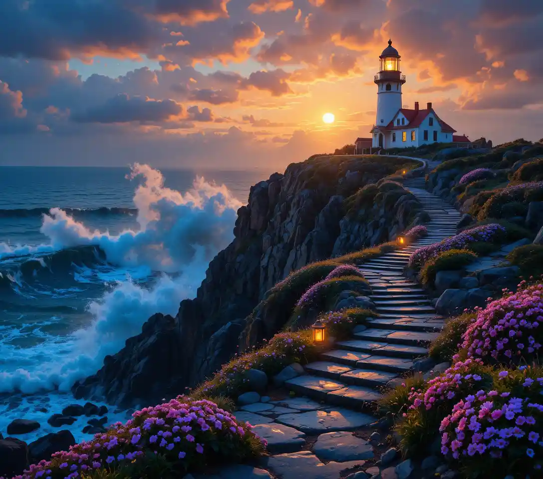 Romantic lighthouse on a glowing coastal cliff at sunset