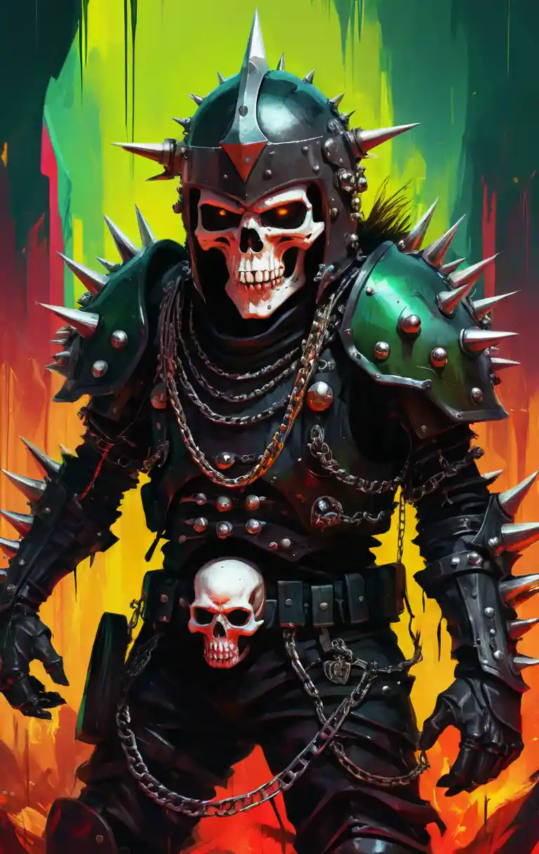 Armored humanoid creature with spiked helmet in chaotic colors