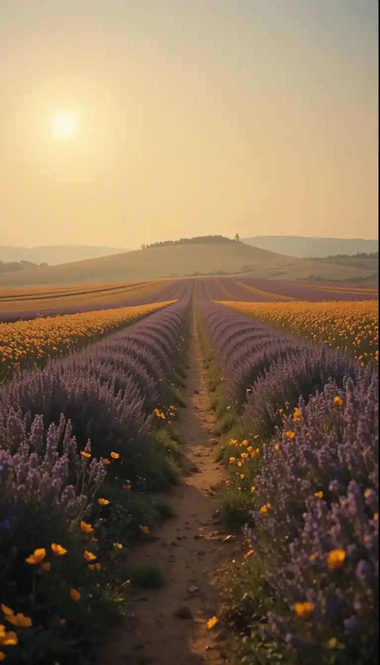 Goldener Wiesenpfad durch Lavendel- und Mohnblumen
