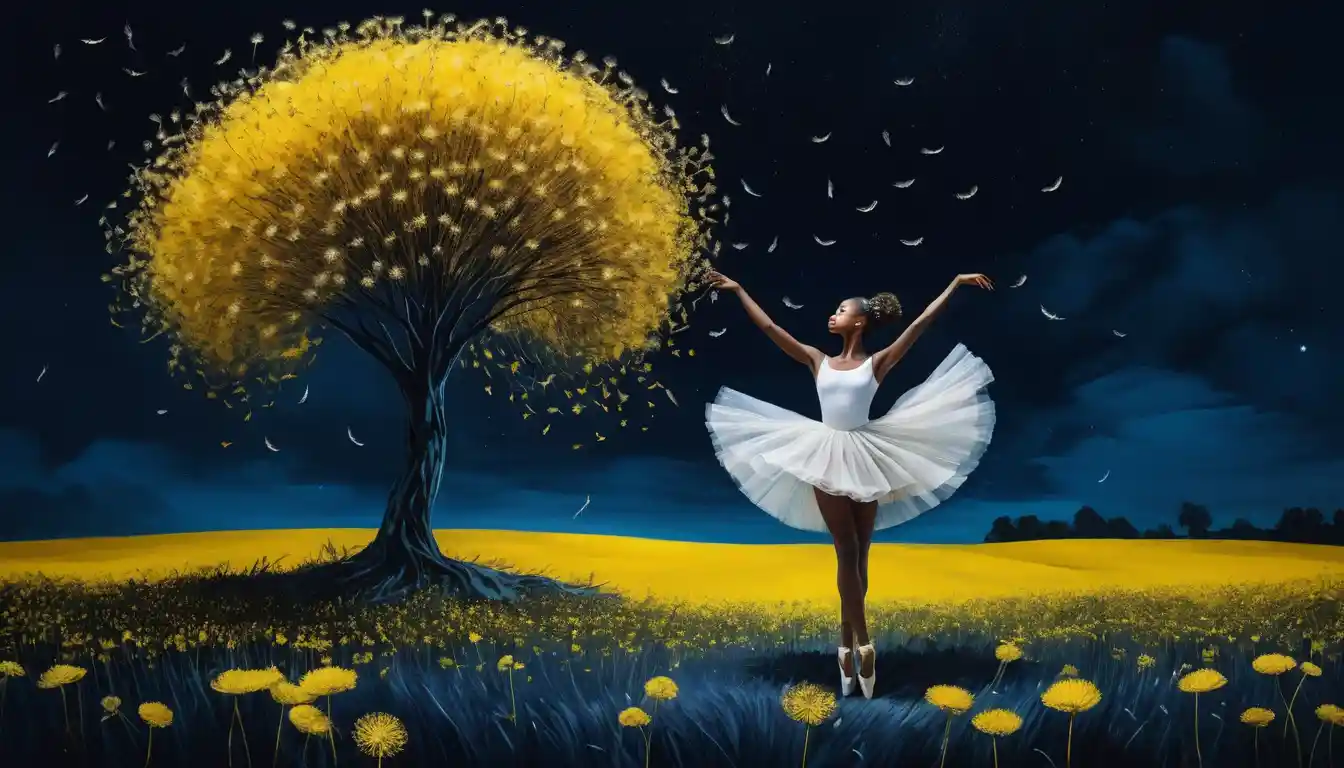 Surreale Löwenzahn-Ballerina vor mitternachtsblauer Traumlandschaft