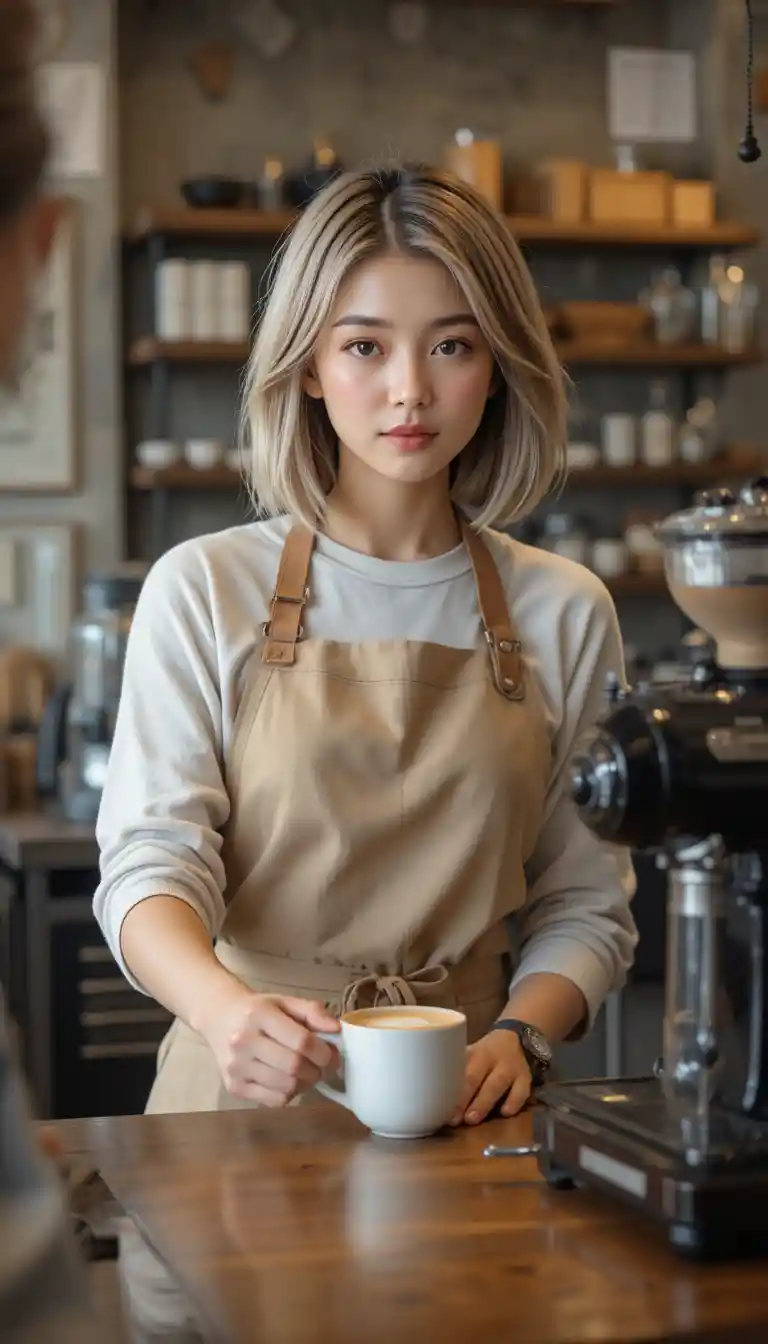 일본인 바리스타가 카운터 너머로 갓 내린 커피를 건네는 장면