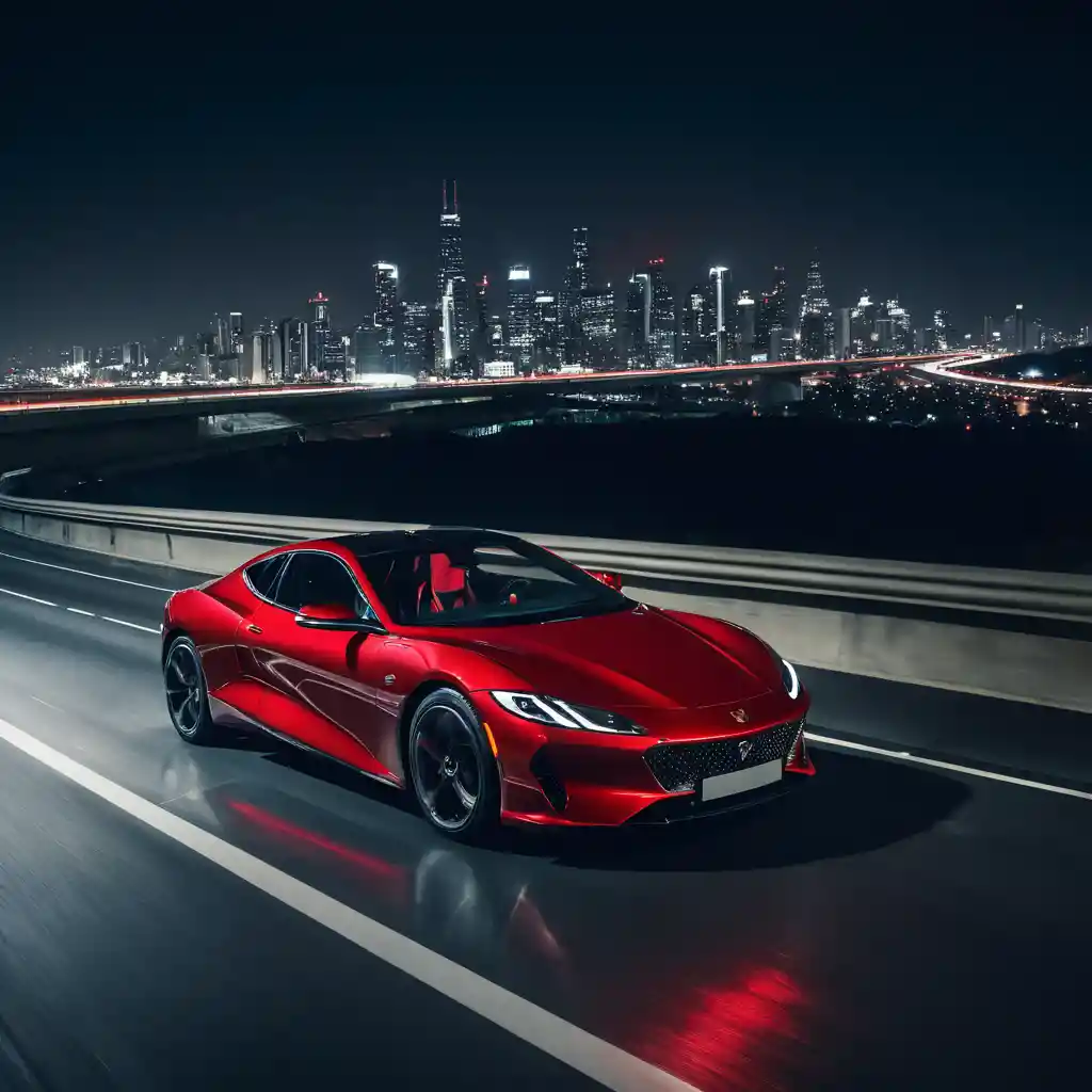 Red car driving along a bright highway at night