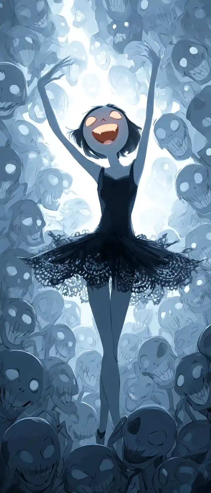 Bailarina de anime actuando con gracia en un dramático escenario de teatro