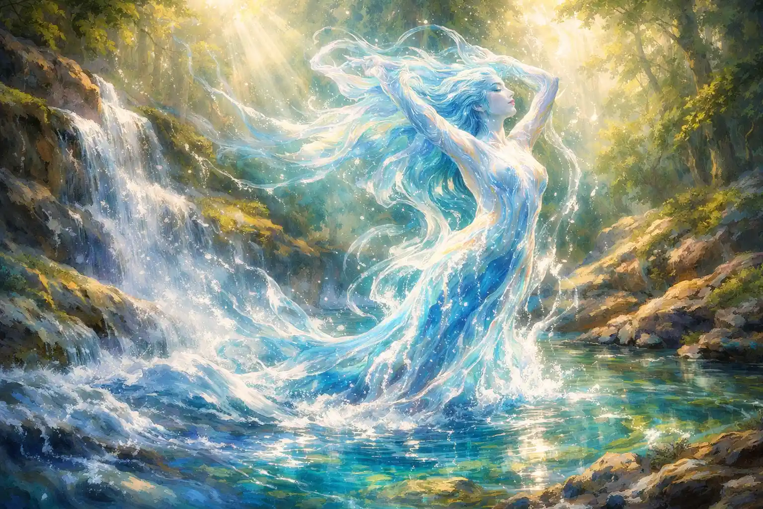 Dreamy water spirit rising from a crystal forest spring