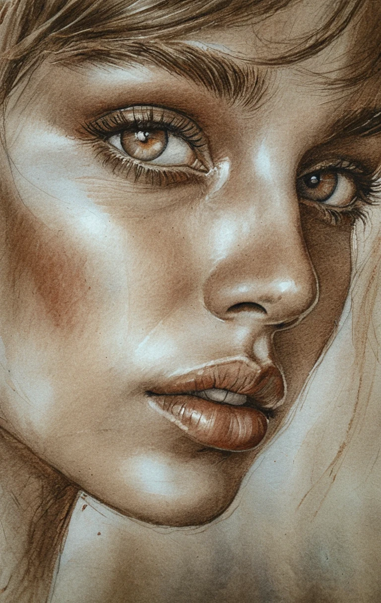 Realistic graphite portrait with blue eyes and red lips