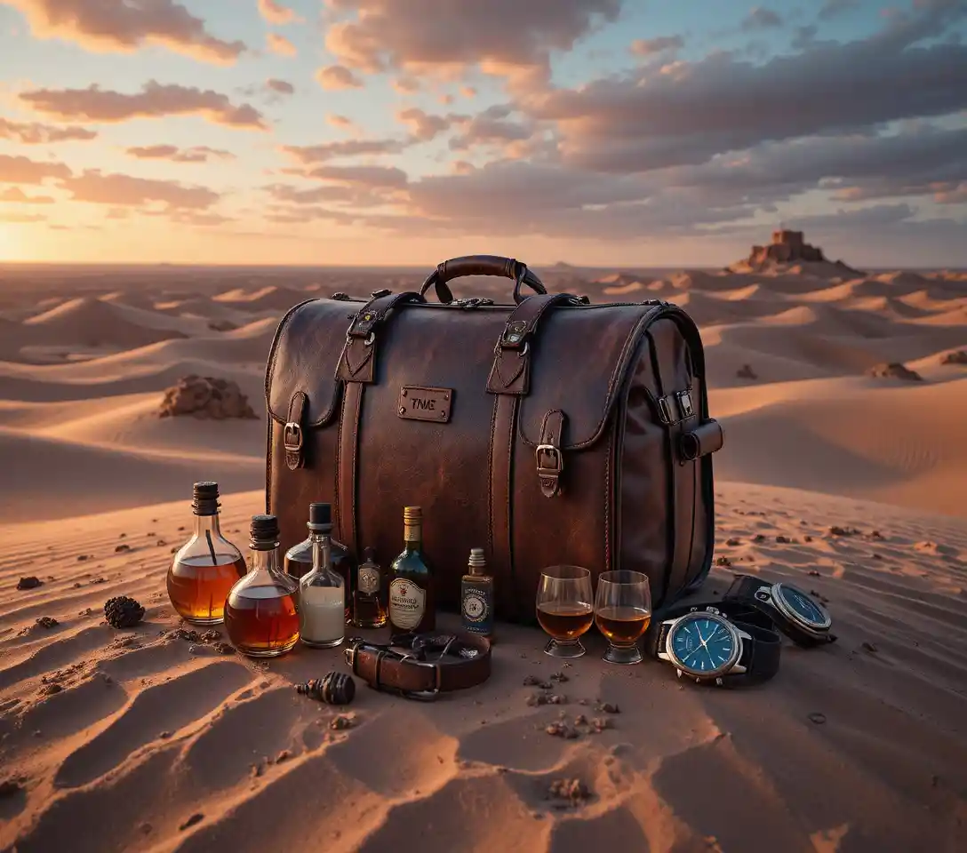 Borsa da viaggio in pelle vintage in un tranquillo tramonto nel deserto