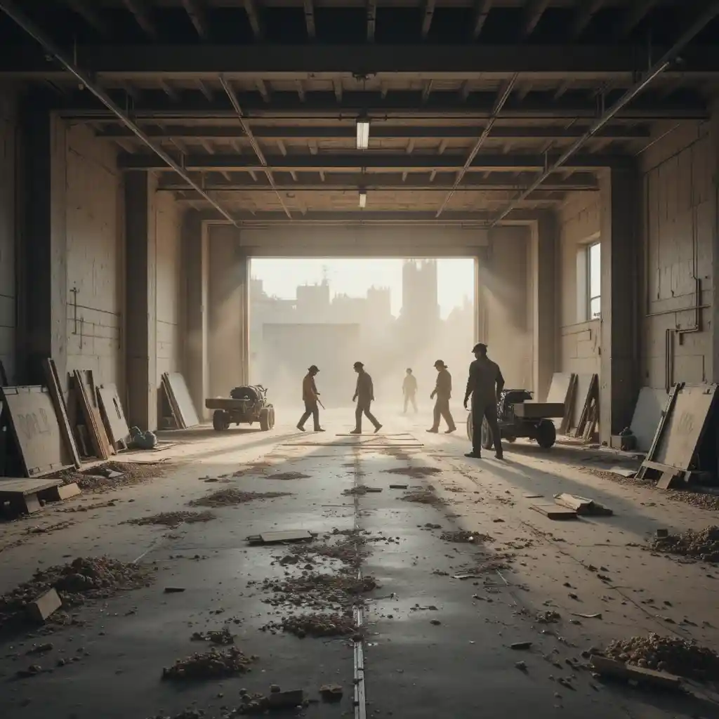 Wide timelapse view of workers grinding a garage floor