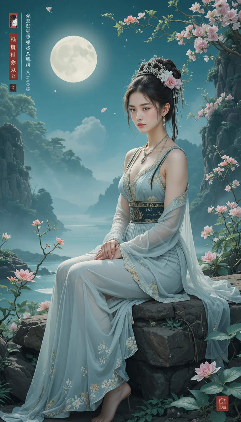 Ragazza elegante sulla riva di un lago avvolto nella nebbia al tramonto