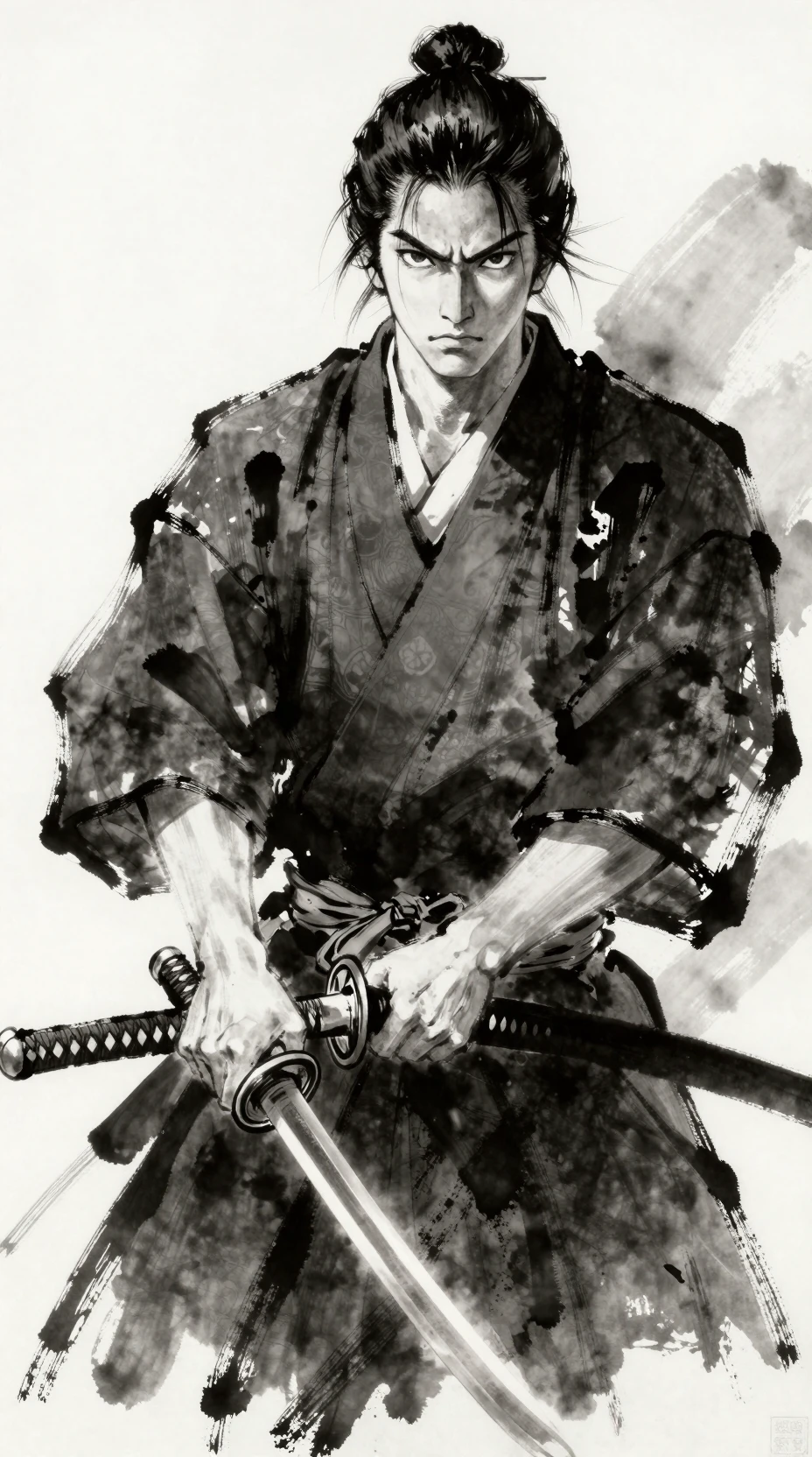 二本の刀を構えた侍戦士の力強い墨絵スタイル