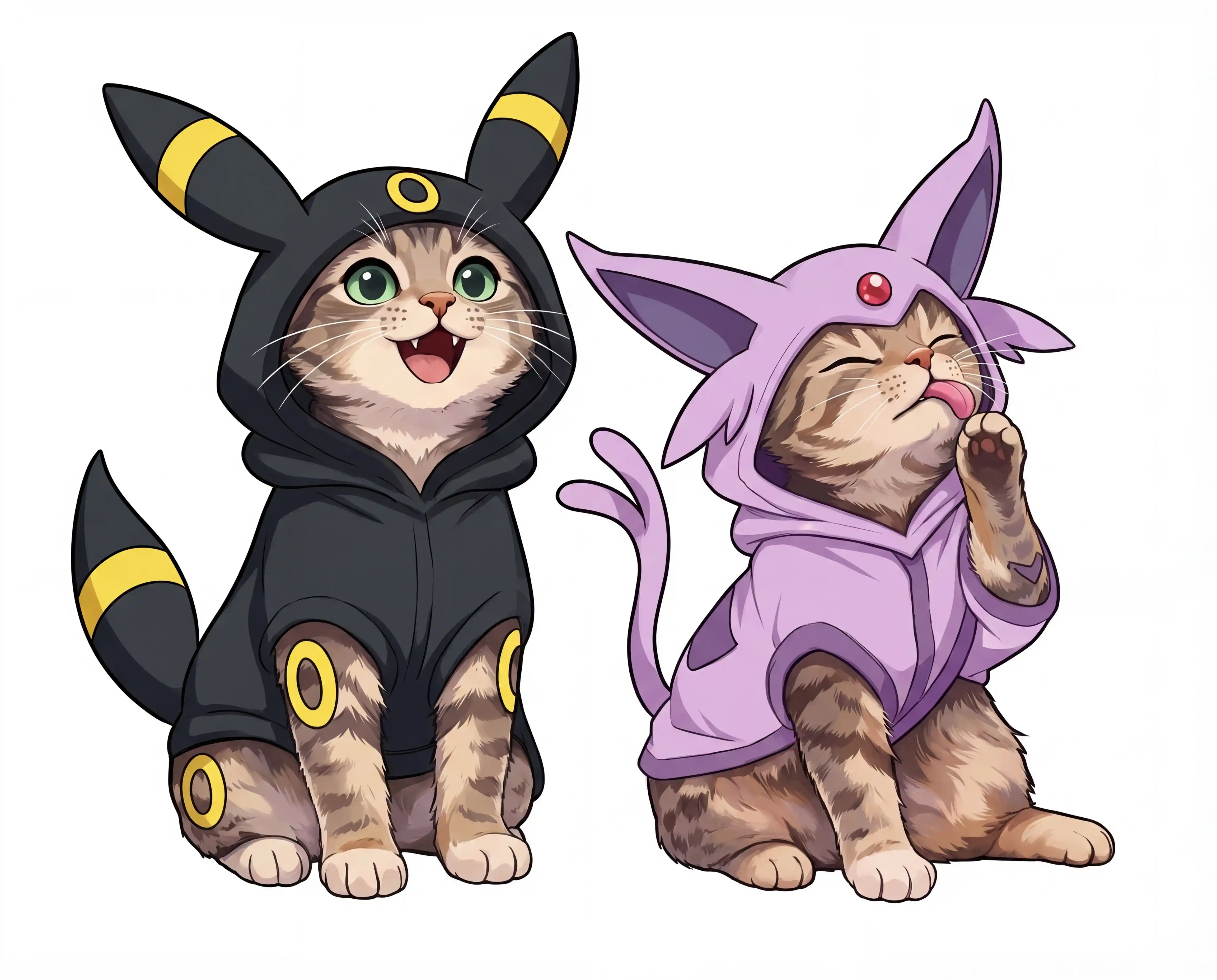 Two manga style cats in costumes inspired by popular Pokémon