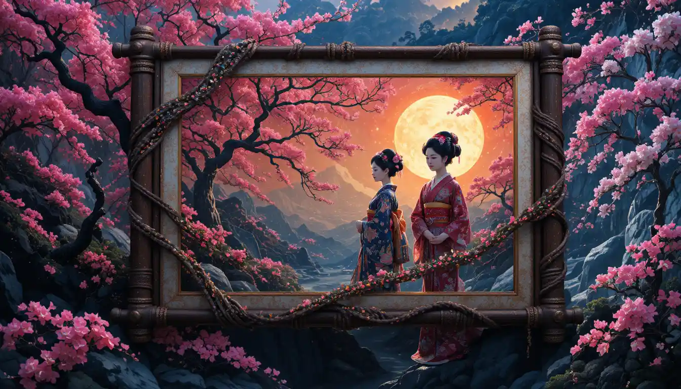 編織長髮纏繞卷軸的超現實霓虹藝伎浮世繪場景