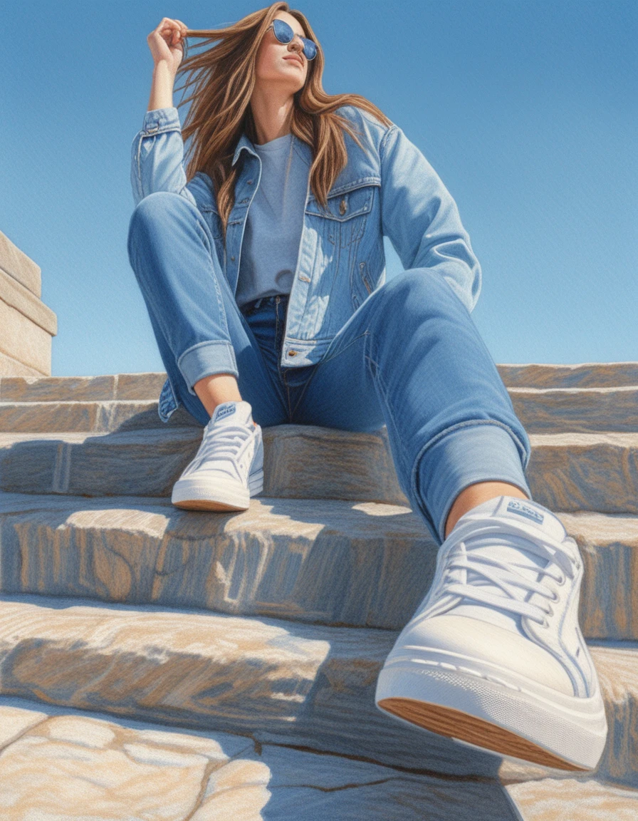 Woman sitting on stone steps in a low angle urban view
