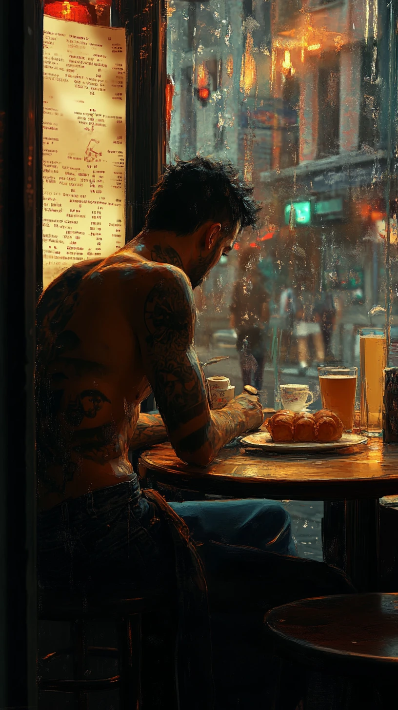 Tattooed man alone in a vintage diner with coffee