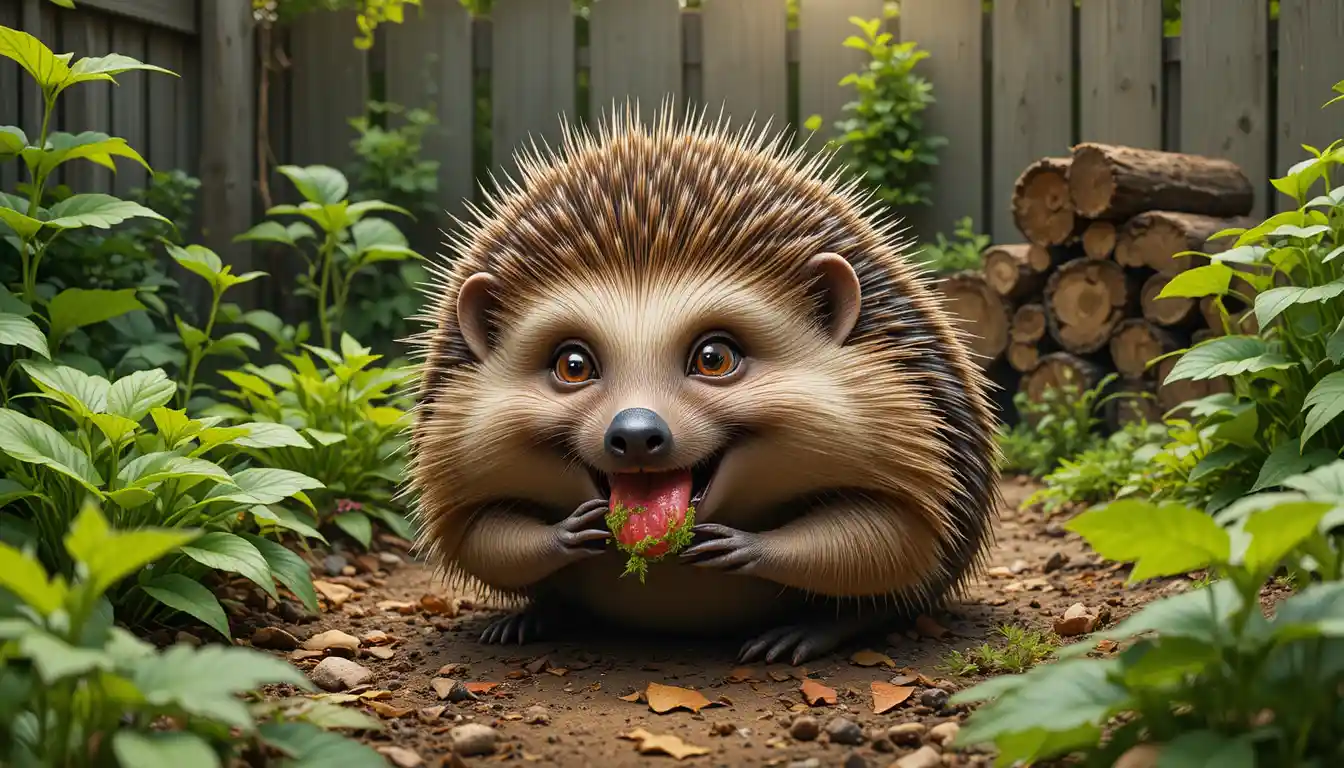 Close up hedgehog in a leafy summer garden bed