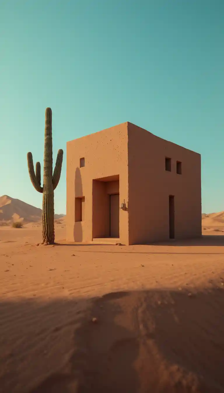 Edificio moderno de adobe en un paisaje desértico minimalista
