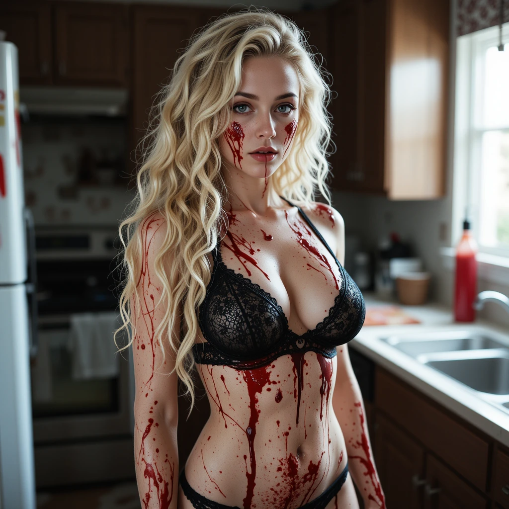 Blood soaked blonde woman standing in a kitchen