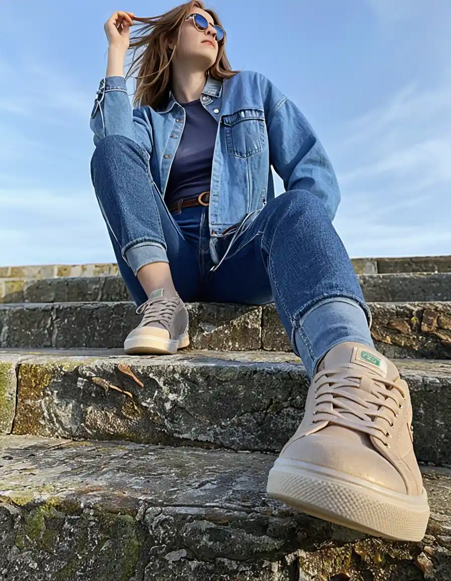 Woman on stone steps in sunglasses and denim clothing