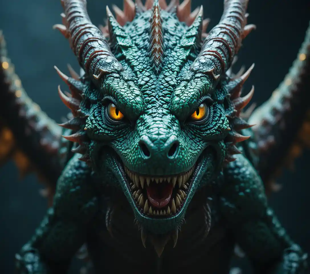 Dragão esmeralda ameaçador em close-up com olhos amarelos brilhantes