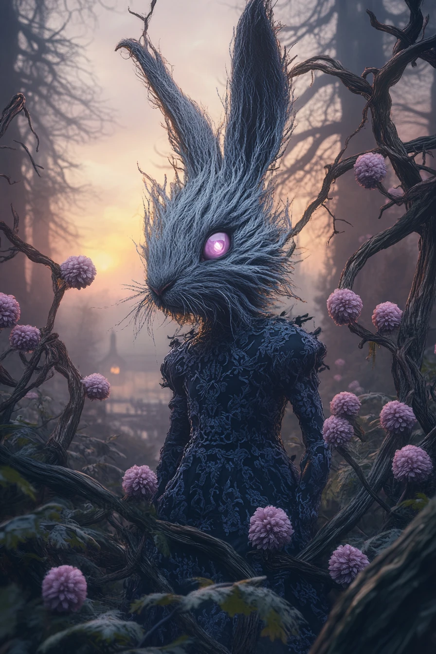 Lapin anthropomorphe dans une sombre forêt fantastique florale