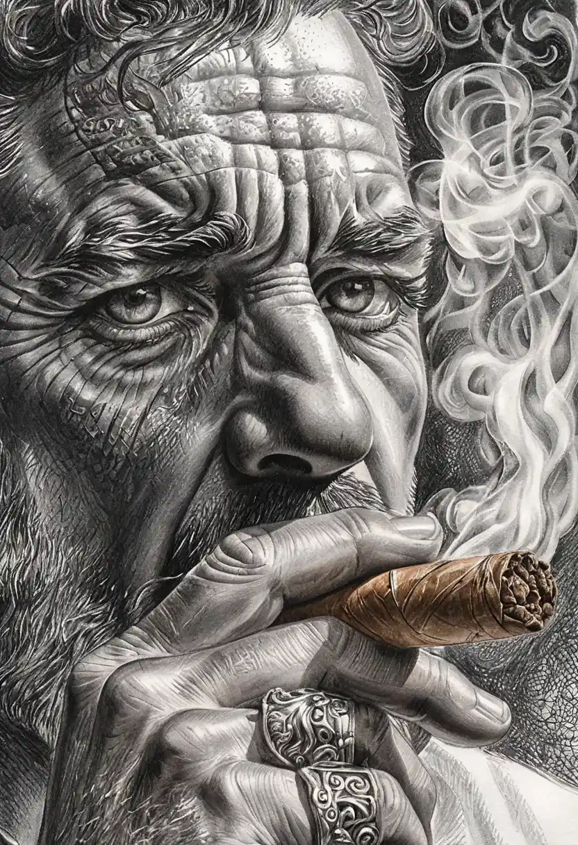 Primo piano in grafite di un uomo che fuma un sigaro