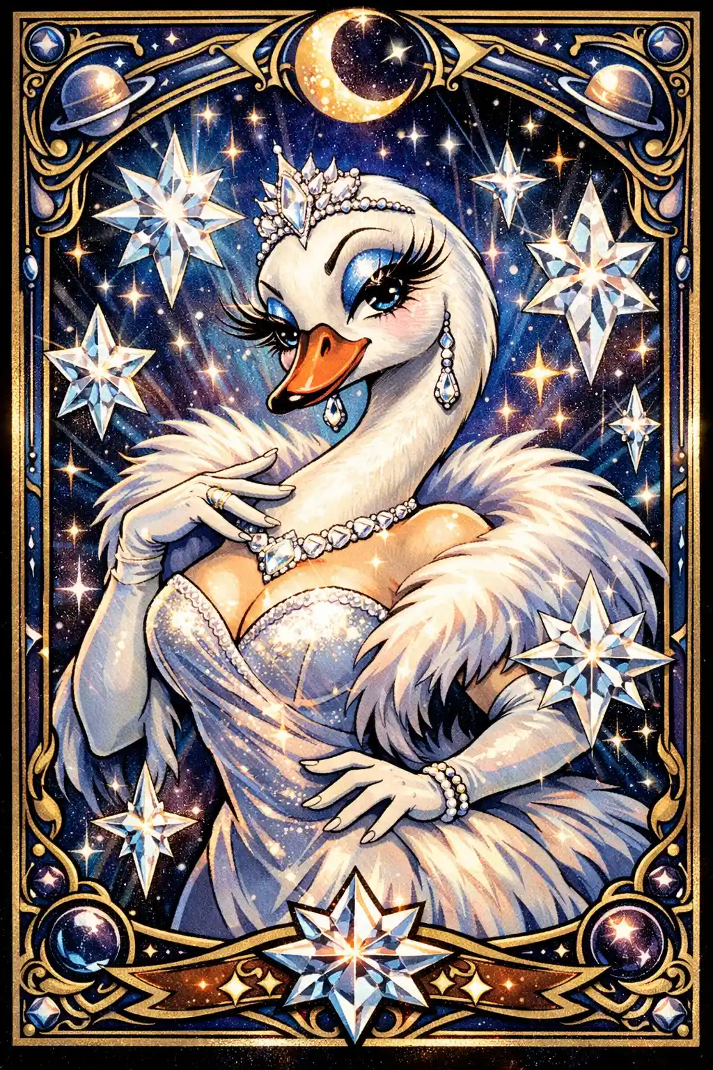 Elegante diva cigno nella luce stellare di cristalli cosmici brillanti