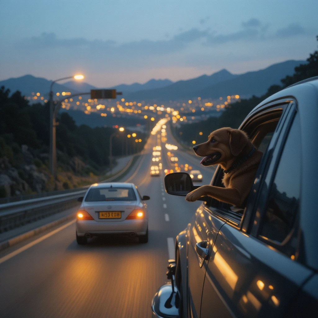 Klassischer Wagen fährt über beleuchtete Straße mit Hund am Fenster