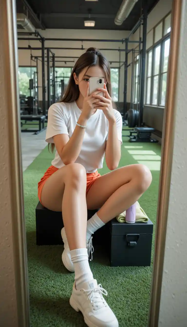 Giovane donna che si fa un selfie allo specchio seduta sul pavimento della palestra