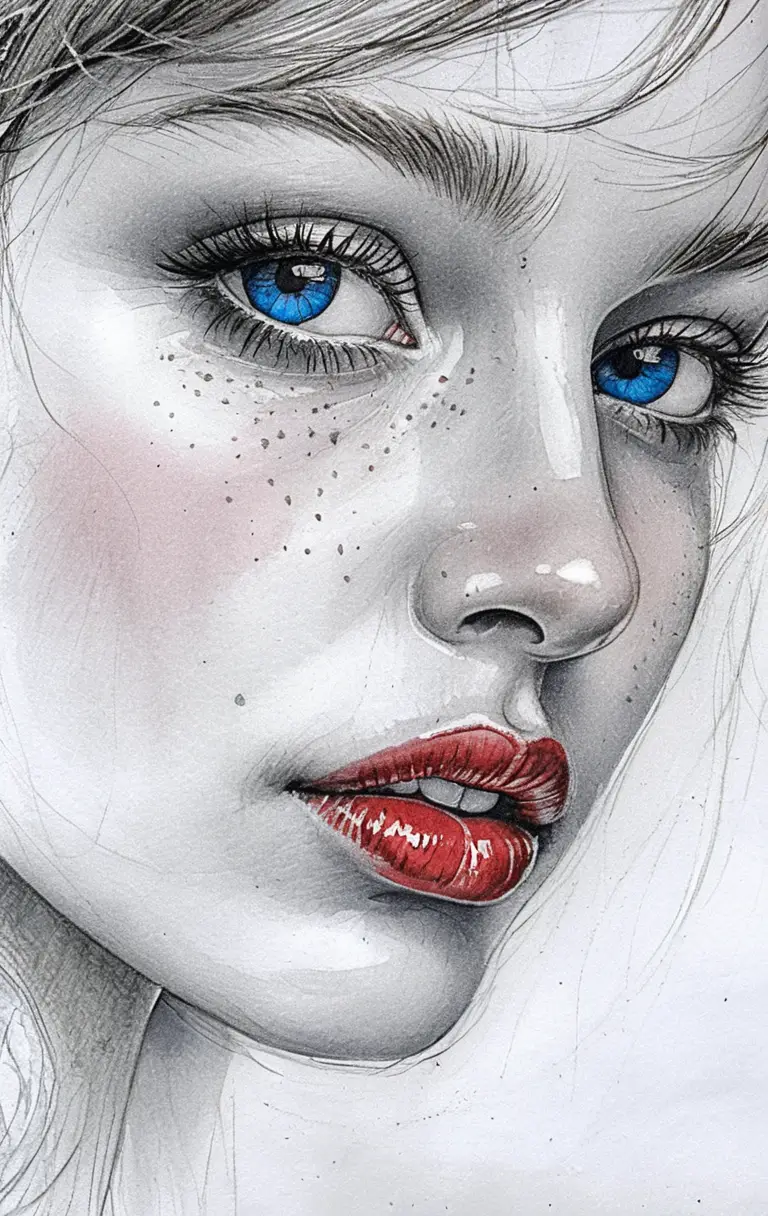 Realistic graphite portrait of a face with blue eyes