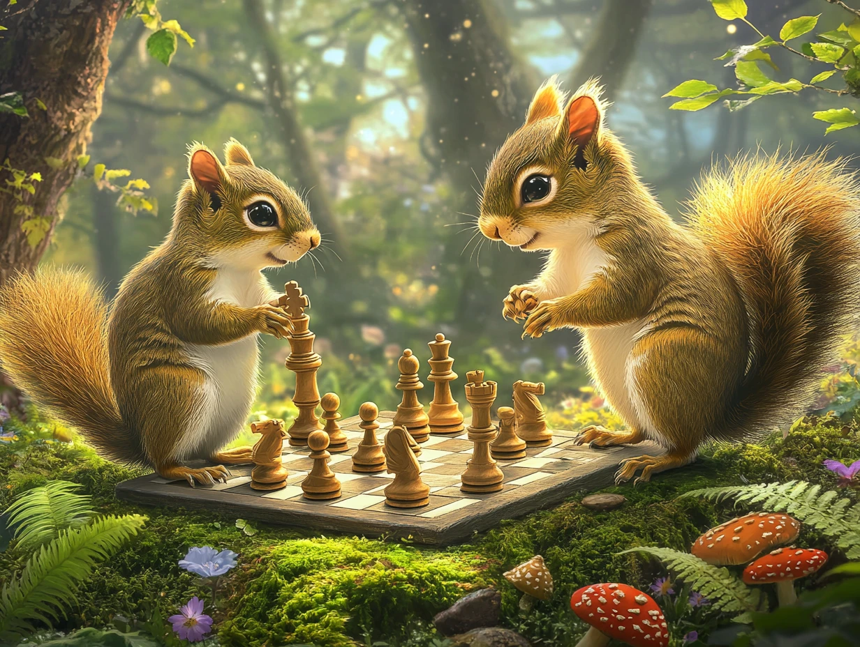 Zwei Eichhörnchen spielen Schach auf einer traumhaften Waldlichtung