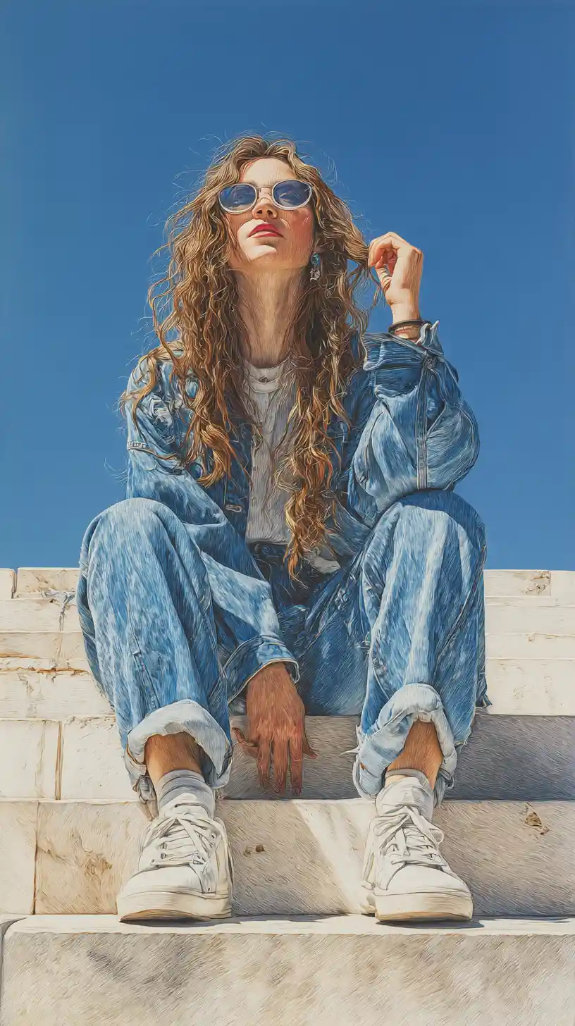Woman on stone steps in sunglasses and denim jacket