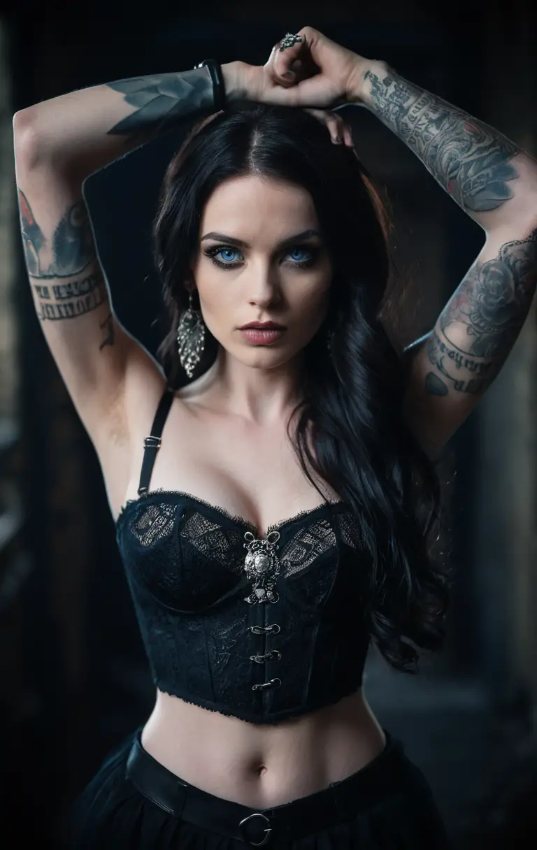 Tattooed woman in black lace bustier with raised cuffed arms