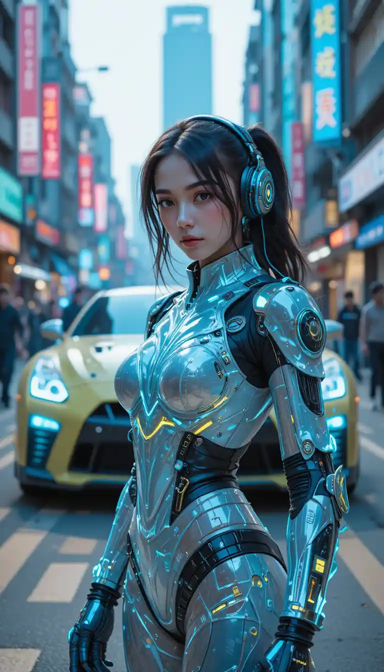 Donna cyberpunk in armatura mech in una strada di Hong Kong