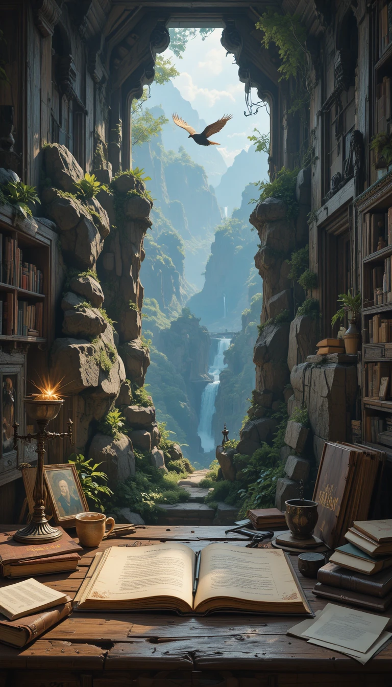 Altes Dokument öffnet sich zu einer mystischen Canyon-Landschaft