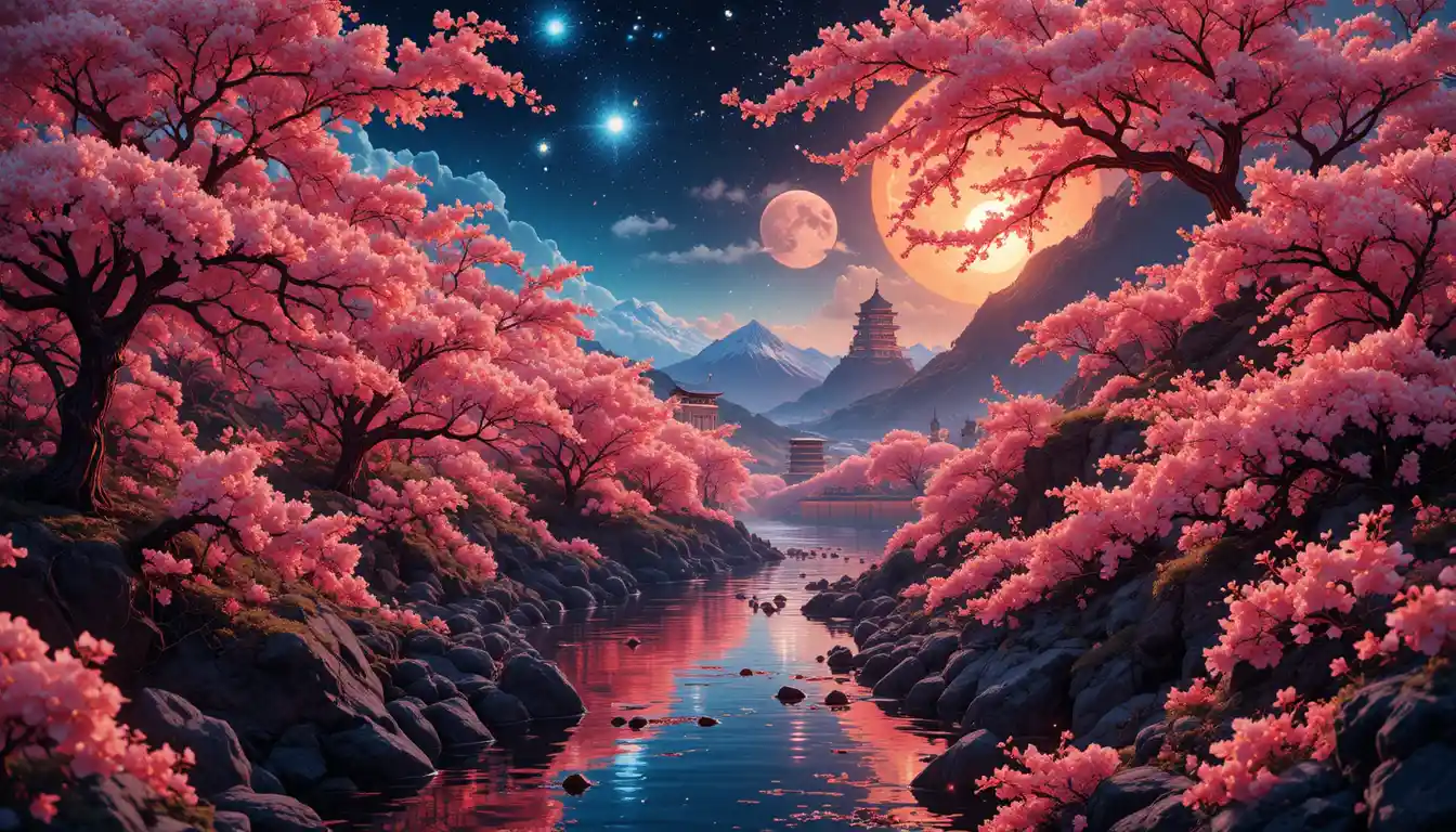 Ciliegi in fiore al neon surreali in un paesaggio onirico a strati
