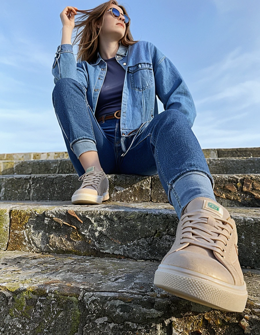 Donna sui gradini di pietra con occhiali da sole e abbigliamento in denim